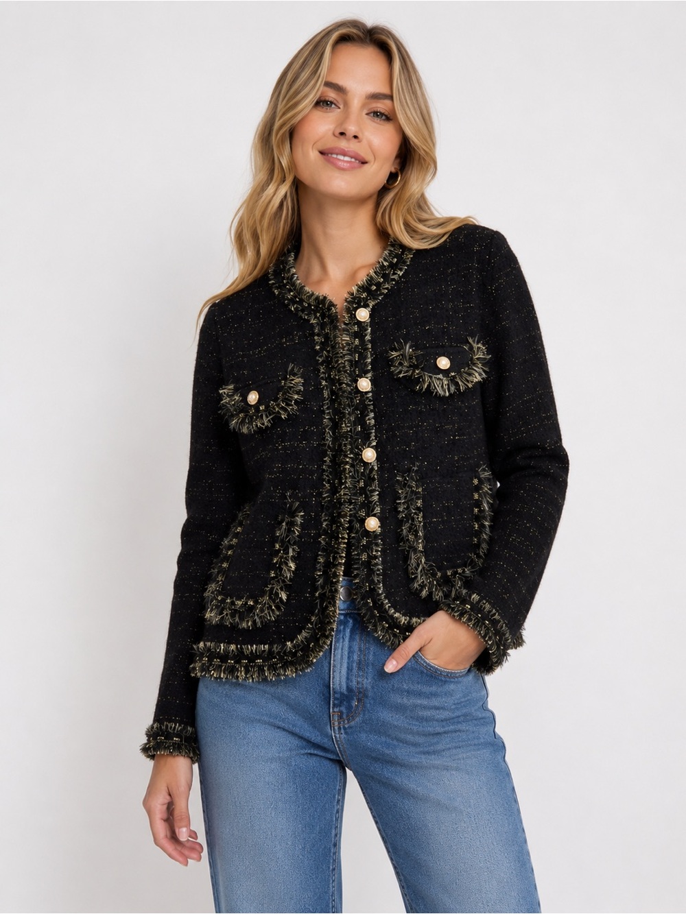 023. New Black Tweed Fringe-Trim Jacket